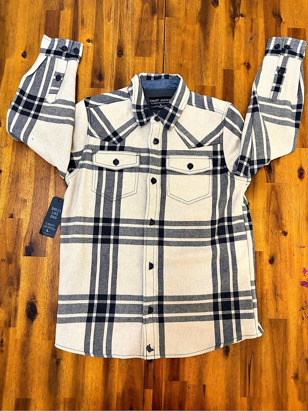 Cody James Plaid Western Shirt Cream & Black youth size XL